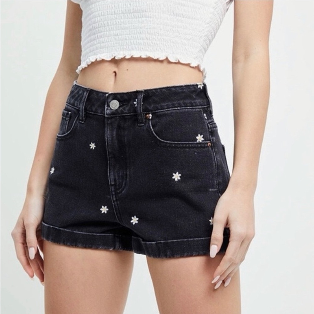 Pac Sun Embroidered Daisy Black Denim Shorts